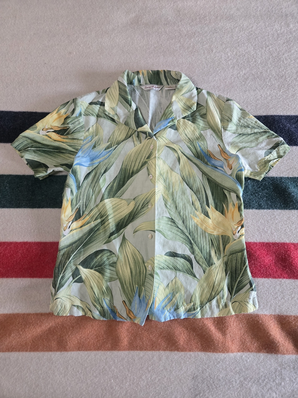 Silk & Linen Tommy Bahama Light Green Tropical Leaf Print Camp Shirt